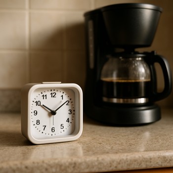 Small alarm clock resting near a coffee maker in the kitchen
