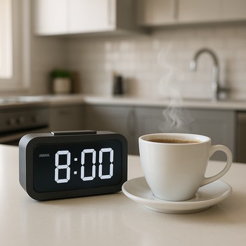 Alarm clock on a kitchen counter next to a first cup of coffee