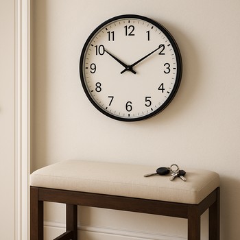 Entryway wall clock above a small bench near the front door