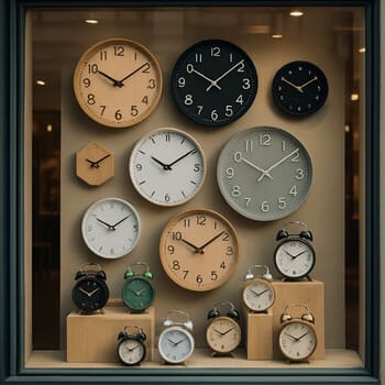 Storefront window with a curated display of wall clocks and alarms