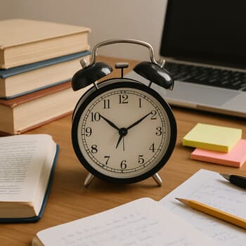 Student desk with a compact alarm clock next to a laptop and notebook