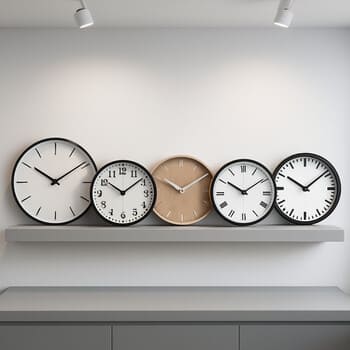Row of wall clocks on a studio wall with different designs