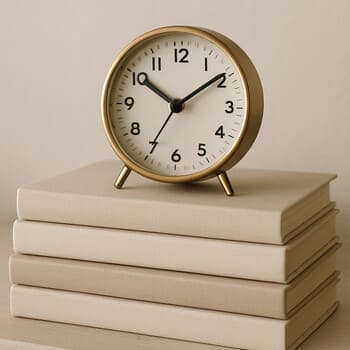 Small clock standing on a stack of books on a shelf
