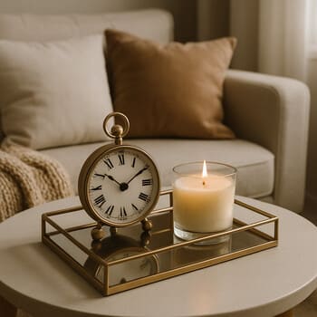 Tray with a clock, candle and small object styled on a sideboard