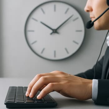 Support person at a laptop with a clock on the desk