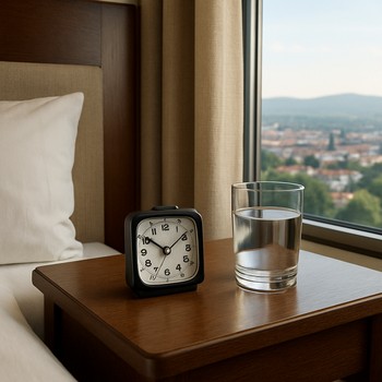 Hotel nightstand with a compact alarm clock near a window