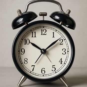 Classic twin-bell alarm clock on a wooden bedside table