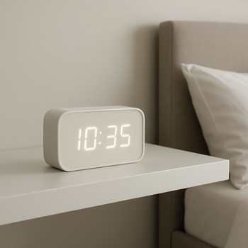 Soft digital alarm clock with glowing digits on a narrow shelf