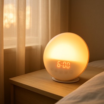 Sunrise-style alarm clock glowing near bedroom curtains