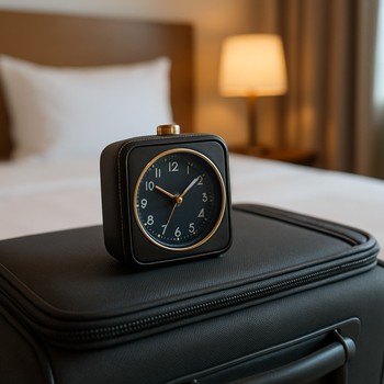 Compact travel alarm clock resting on a packed suitcase