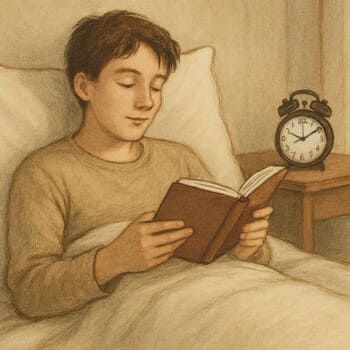 Person reading in bed with a soft-glow alarm clock on the nightstand