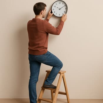 Person on a small ladder mounting a wall clock carefully