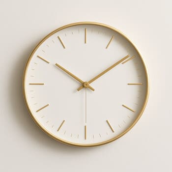 Minimal round wall clock with slim gold hands on a dark blue wall