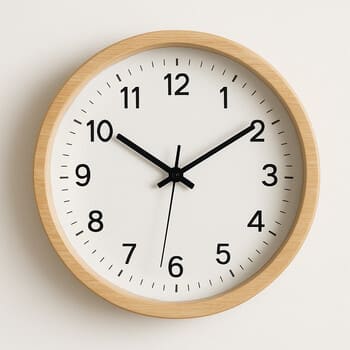 Round wall clock with oak wood frame on a soft grey wall