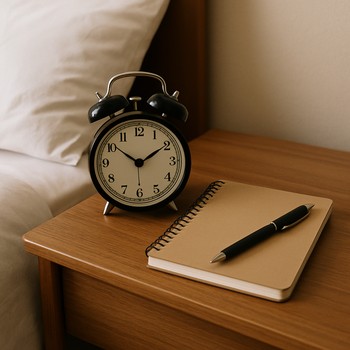 Bedside alarm clock next to a small notebook for tracking mornings