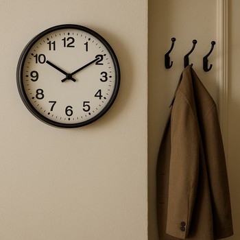 Wall clock near a coat and bag by the front door, marking the time to leave