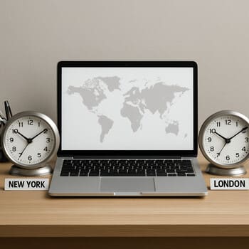 Desk with two small clocks and a laptop, each clock showing a different time zone